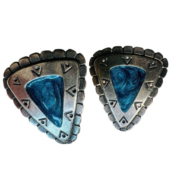 Vtg Southwest Triangular Clip-On Silver-tone Earrings Turquoise Resin Inlay - Picture 3 of 6